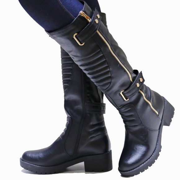 New Black Quilted Biker Riding Knee High Boot 6-7 - Picture 2 of 4